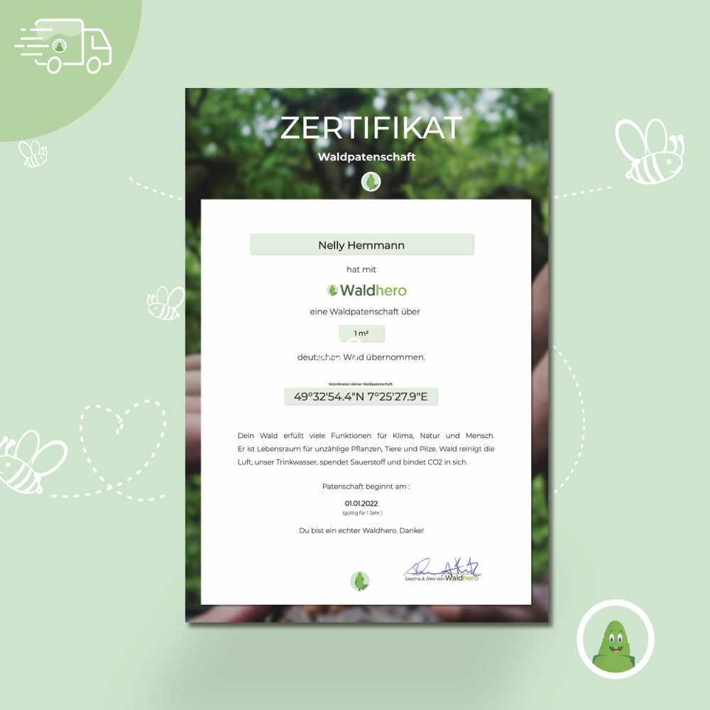 Waldpatenschaft mit Zertifikat auf Öko-Graspapier